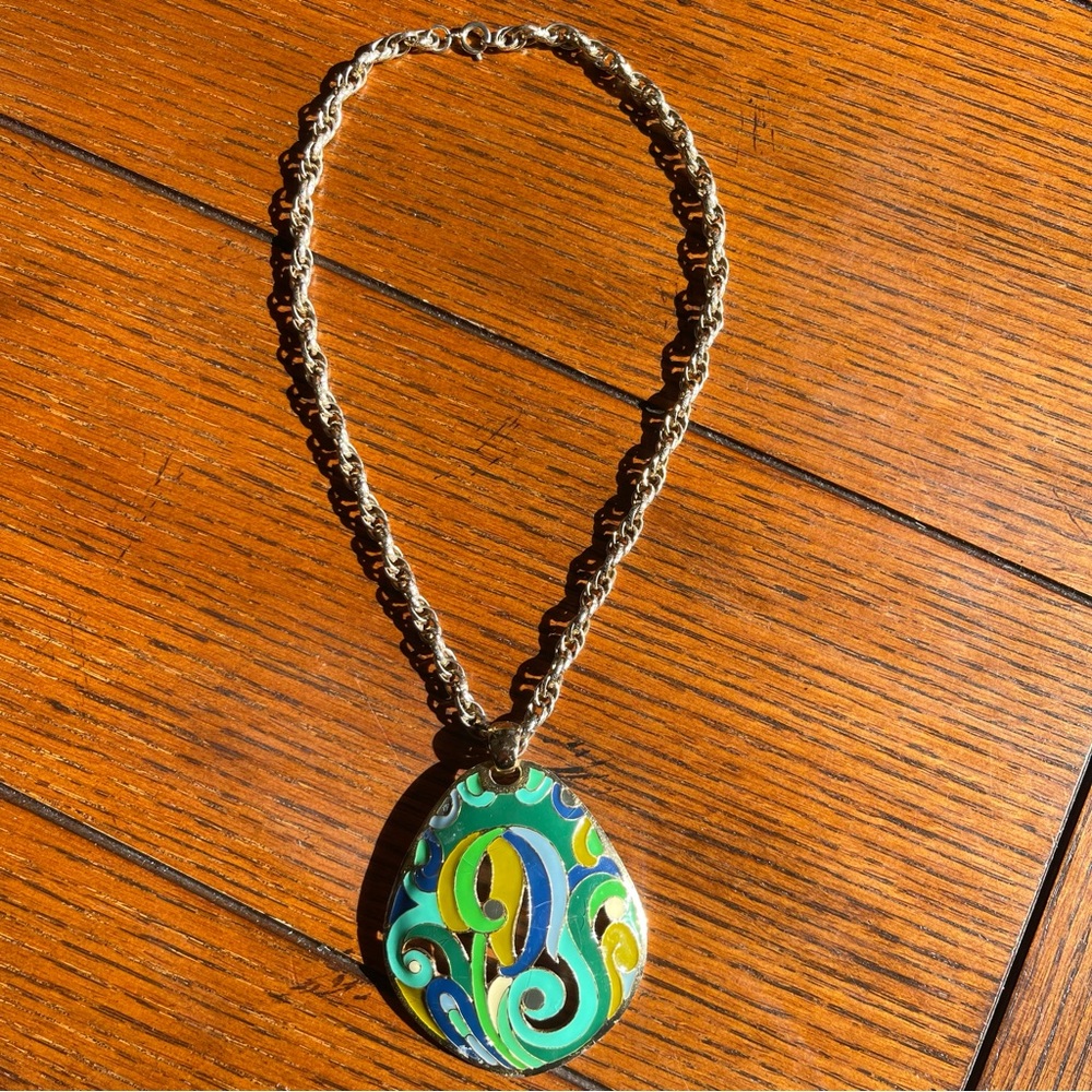 Vintage Signed Eisenberg Artist Series Enamel Pendant with Rope Style Necklace